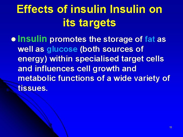 Effects of insulin Insulin on its targets l Insulin promotes the storage of fat