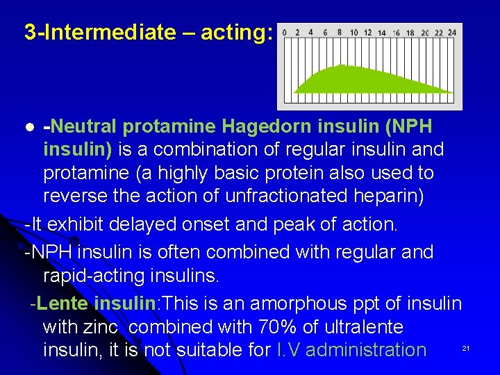 3 -Intermediate – acting: -Neutral protamine Hagedorn insulin (NPH insulin) is a combination of