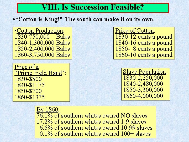 VIII. Is Succession Feasible? • “Cotton is King!” The south can make it on