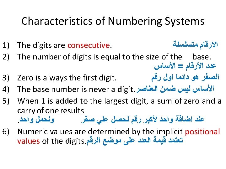 Characteristics of Numbering Systems 1) The digits are consecutive. ﺍﻻﺭﻗﺎﻡ ﻣﺘﺴﻠﺴﻠﺔ 2) The number