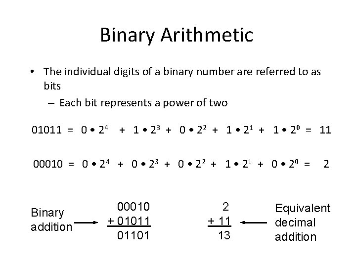 Binary Arithmetic • The individual digits of a binary number are referred to as