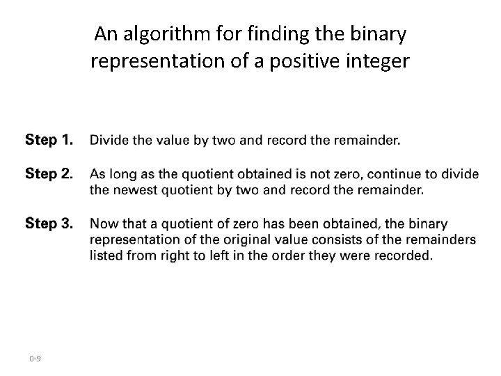An algorithm for finding the binary representation of a positive integer 0 -9 An algorithm for finding the binary representation of a positive integer 0 -9