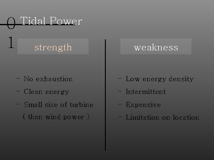 0 1 Tidal Power strength weakness - No exhaustion - Low energy density -