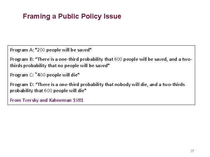 Framing a Public Policy Issue Program A: "200 people will be saved" Program B: