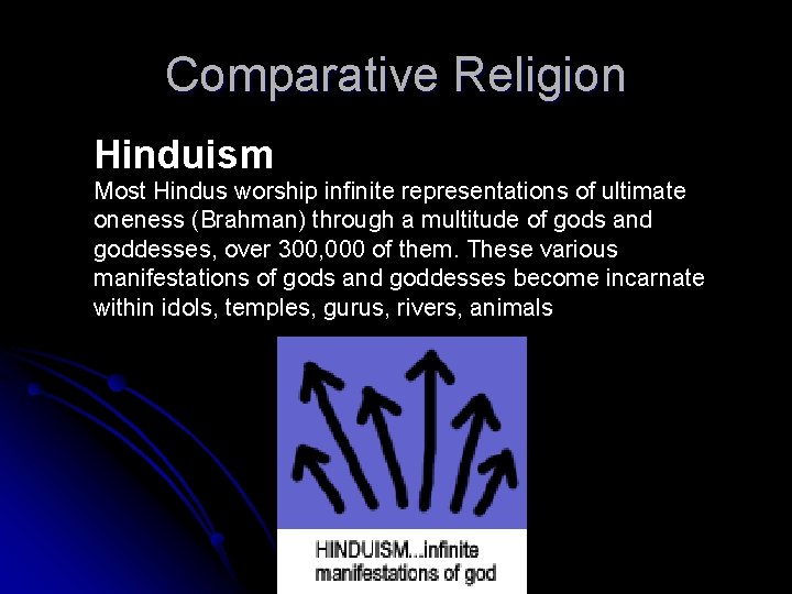 Comparative Religion Hinduism Most Hindus worship infinite representations of ultimate oneness (Brahman) through a