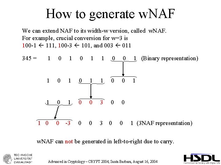 How to generate w. NAF We can extend NAF to its width-w version, called