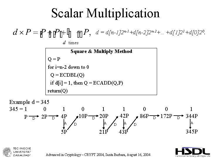 Scalar Multiplication d = d[n-1]2 n-1+d[n-2]2 n-2+…+d[1]21+d[0]20. times Square & Multiply Method Q=P for