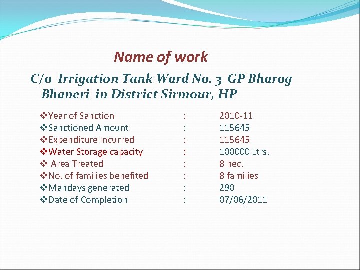 Name of work C/o Irrigation Tank Ward No. 3 GP Bharog Bhaneri in District