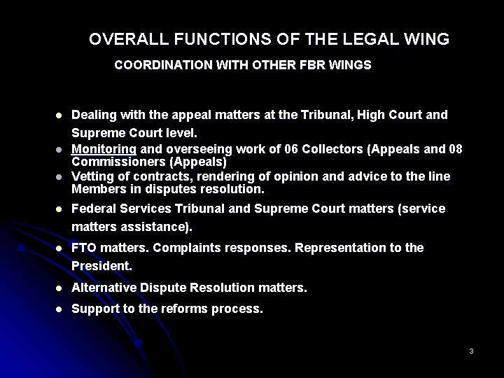 OVERALL FUNCTIONS OF THE LEGAL WING COORDINATION WITH OTHER FBR WINGS l l l