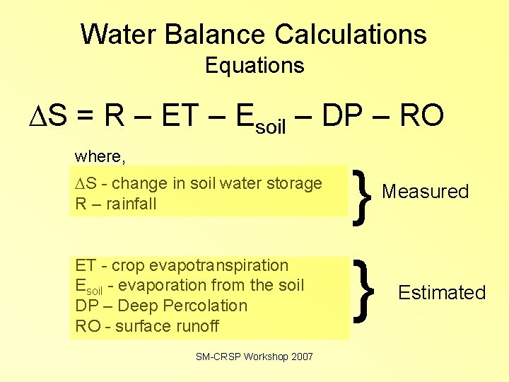 Water Balance Calculations Equations S = R – ET – Esoil – DP –