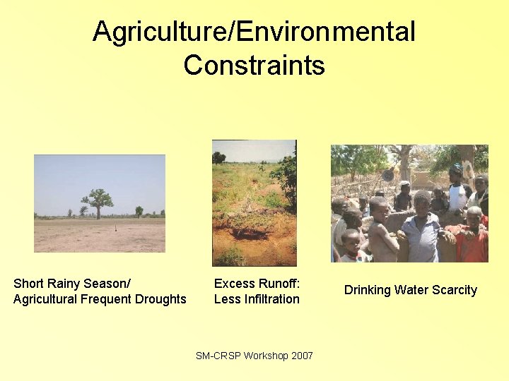 Agriculture/Environmental Constraints Short Rainy Season/ Agricultural Frequent Droughts Excess Runoff: Less Infiltration SM-CRSP Workshop