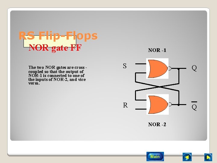 RS Flip-Flops NOR gate FF The two NOR gates are cross coupled so that