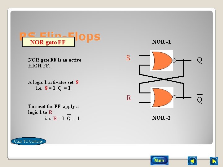 RSNORFlip-Flops gate FF NOR gate FF is an active HIGH FF. NOR -1 S