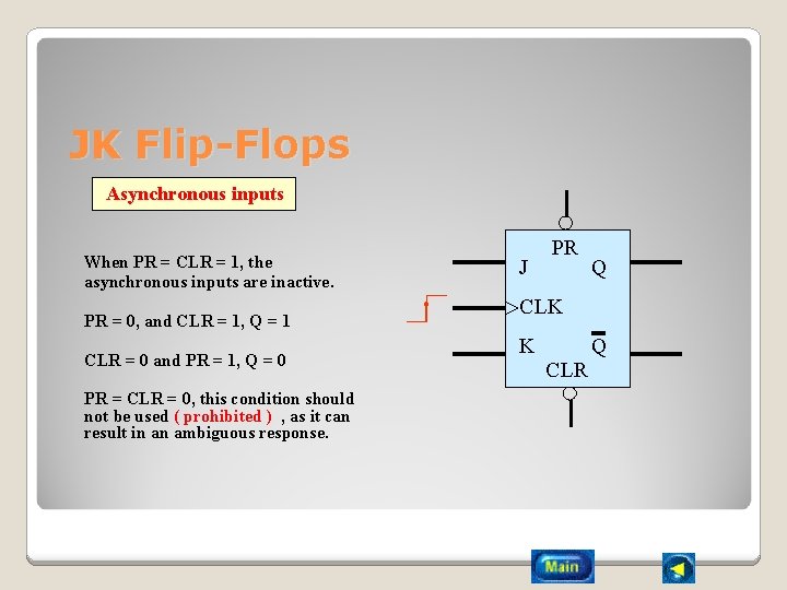 JK Flip-Flops Asynchronous inputs When PR = CLR = 1, the asynchronous inputs are