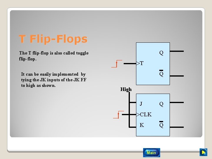 T Flip-Flops The T flip-flop is also called toggle flip-flop. J It can be