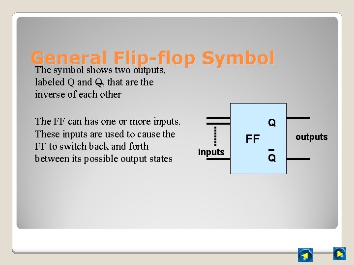 General Flip-flop Symbol The symbol shows two outputs, labeled Q and Q, that are