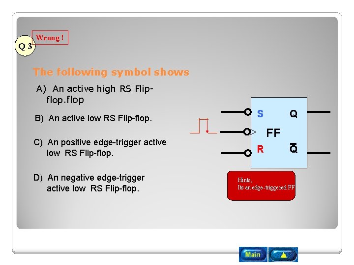 Q 3 Wrong ! The following symbol shows A) An active high RS Flipflop