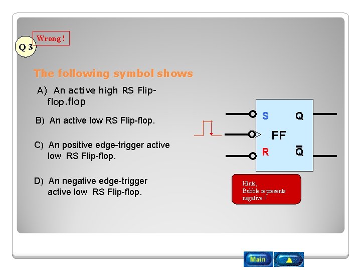 Q 3 Wrong ! The following symbol shows A) An active high RS Flipflop