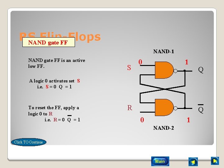 RS Flip-Flops NAND gate FF NAND-1 NAND gate FF is an active low FF.