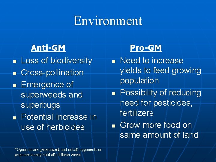 Environment n n Anti-GM Loss of biodiversity Cross-pollination Emergence of superweeds and superbugs Potential