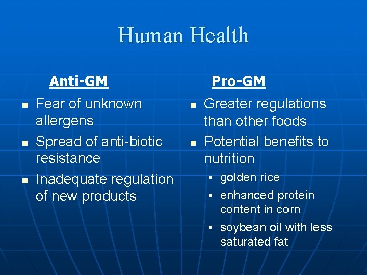 Human Health Anti-GM n n n Fear of unknown allergens Spread of anti-biotic resistance