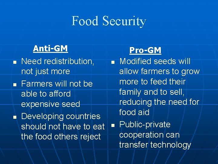 Food Security n n n Anti-GM Need redistribution, not just more Farmers will not