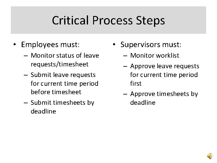 Critical Process Steps • Employees must: – Monitor status of leave requests/timesheet – Submit