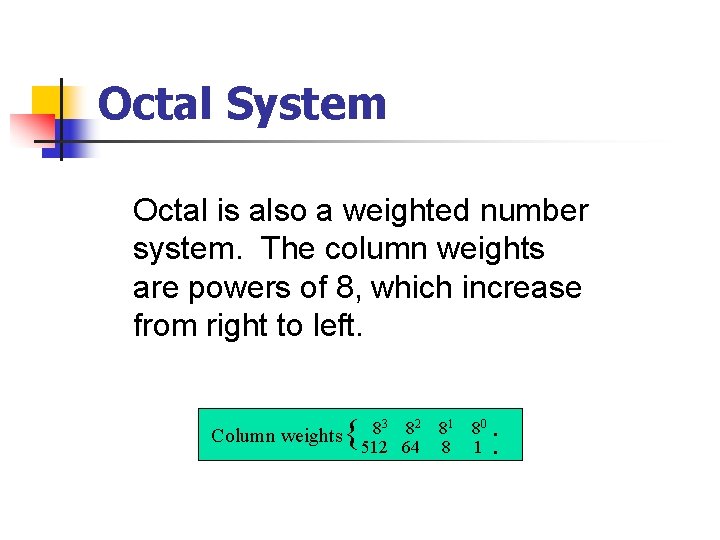 Octal System Octal is also a weighted number system. The column weights are powers