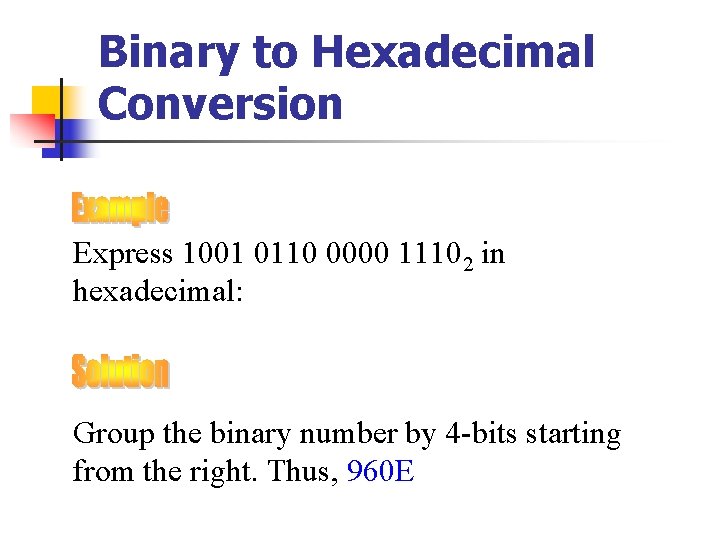 Binary to Hexadecimal Conversion Express 1001 0110 0000 11102 in hexadecimal: Group the binary