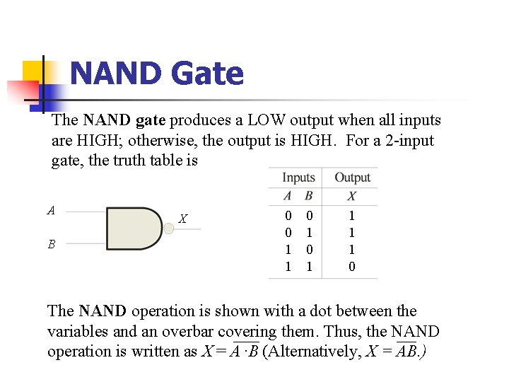 NAND Gate The NAND gate produces a LOW output when all inputs are HIGH;