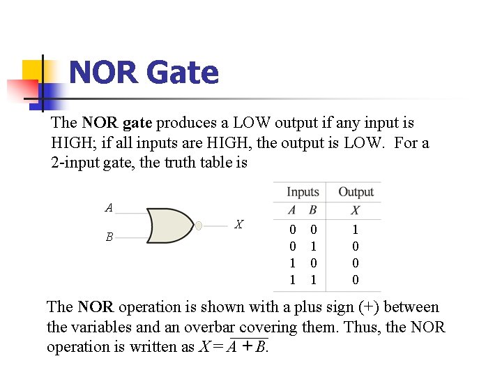 NOR Gate The NOR gate produces a LOW output if any input is HIGH;