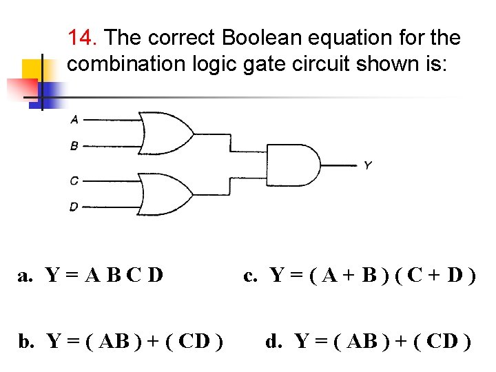 14. The correct Boolean equation for the combination logic gate circuit shown is: a.