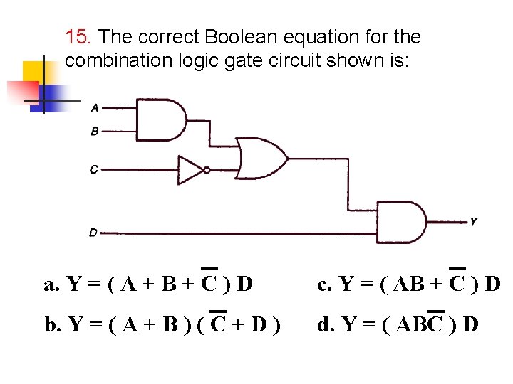 15. The correct Boolean equation for the combination logic gate circuit shown is: a.