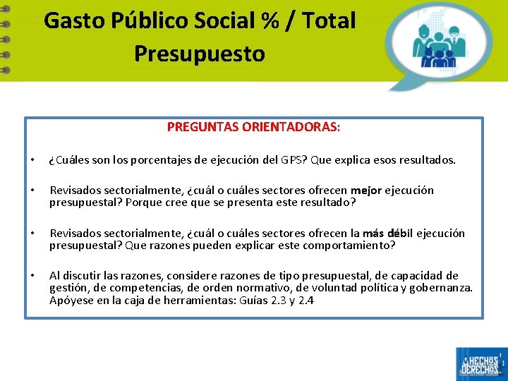 Gasto Público Social % / Total Presupuesto PREGUNTAS ORIENTADORAS: • ¿Cuáles son los porcentajes