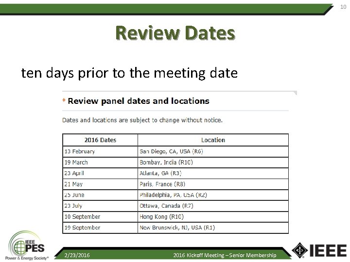 10 Review Dates ten days prior to the meeting date 2/23/2016 Kickoff Meeting –