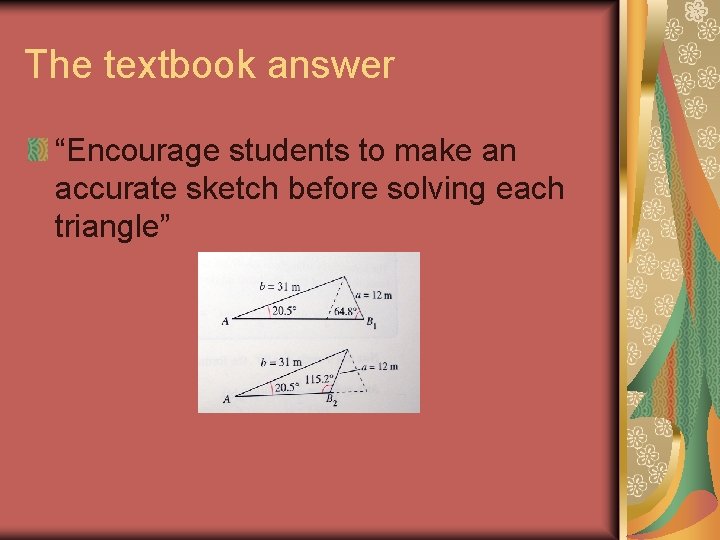 The textbook answer “Encourage students to make an accurate sketch before solving each triangle”