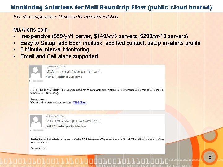 Monitoring Solutions for Mail Roundtrip Flow (public cloud hosted) FYI: No Compensation Received for