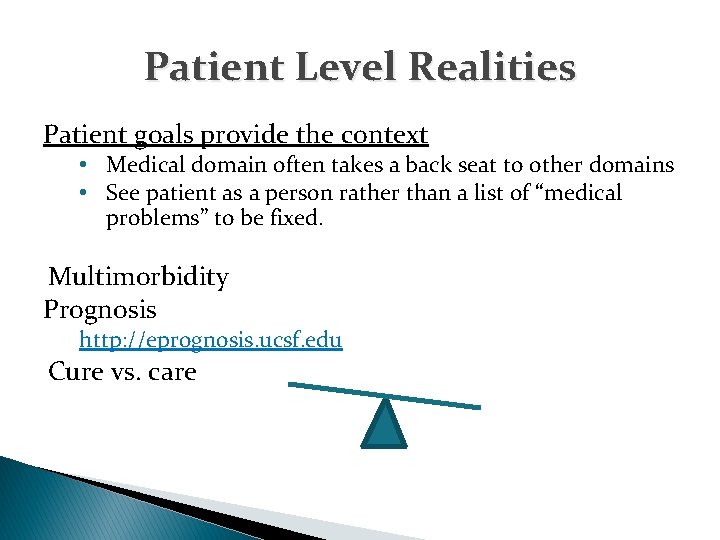 Patient Level Realities Patient goals provide the context • Medical domain often takes a