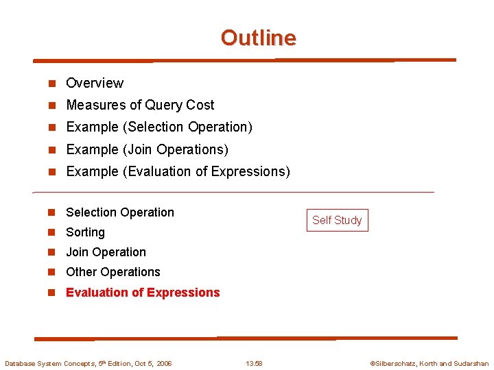 Outline n Overview n Measures of Query Cost n Example (Selection Operation) n Example