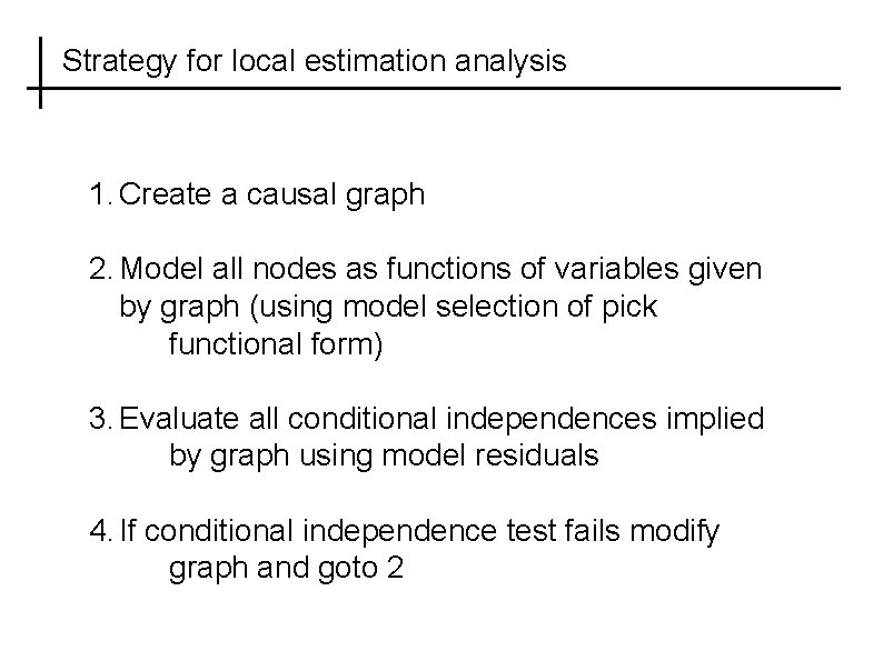 Strategy for local estimation analysis 1. Create a causal graph 2. Model all nodes