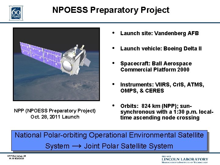 NPOESS Preparatory Project NPP (NPOESS Preparatory Project) Oct. 28, 2011 Launch • Launch site: