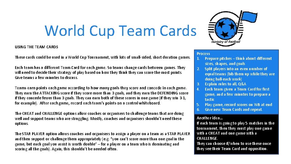 World Cup Team Cards USING THE TEAM CARDS These cards could be used in