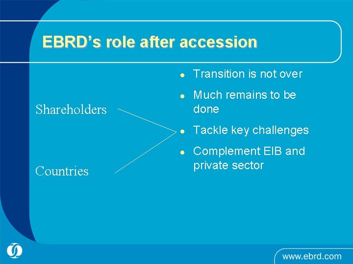 EBRD’s role after accession l l Shareholders l l Countries Transition is not over