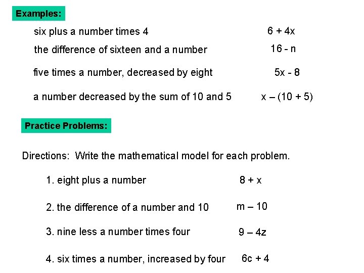 Examples: six plus a number times 4 6 + 4 x the difference of