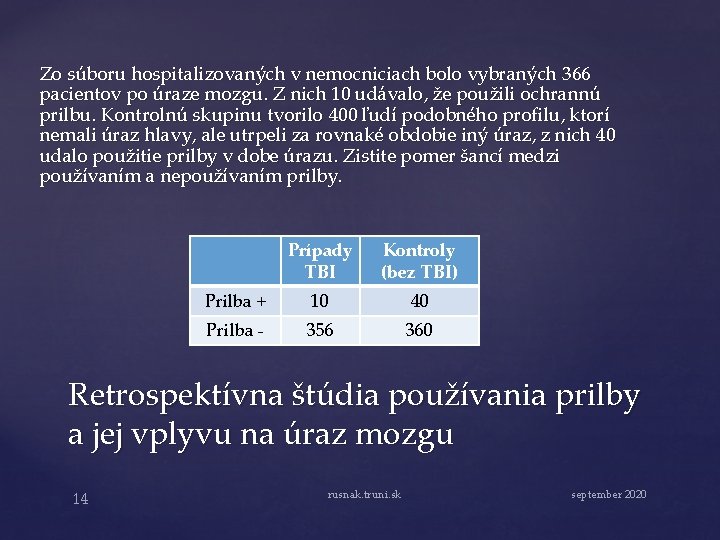 Zo súboru hospitalizovaných v nemocniciach bolo vybraných 366 pacientov po úraze mozgu. Z nich