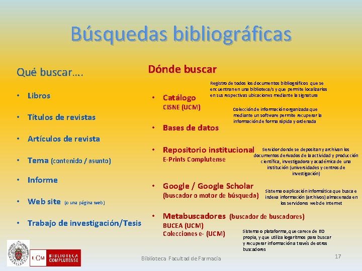 Búsquedas bibliográficas Dónde buscar Qué buscar…. • Libros • Catálogo CISNE (UCM) • Títulos