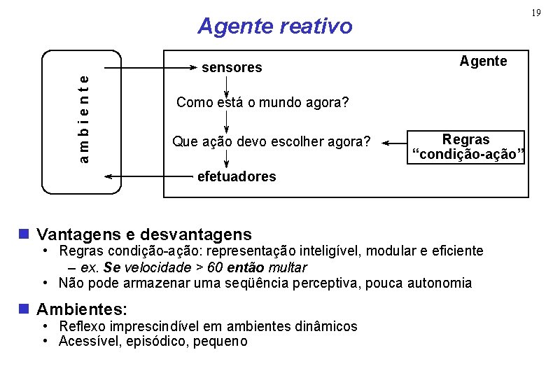 19 Agente reativo ambiente sensores Agente Como está o mundo agora? Que ação devo