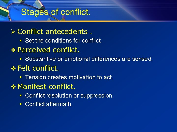 Stages of conflict. Ø Conflict antecedents. § Set the conditions for conflict. v Perceived