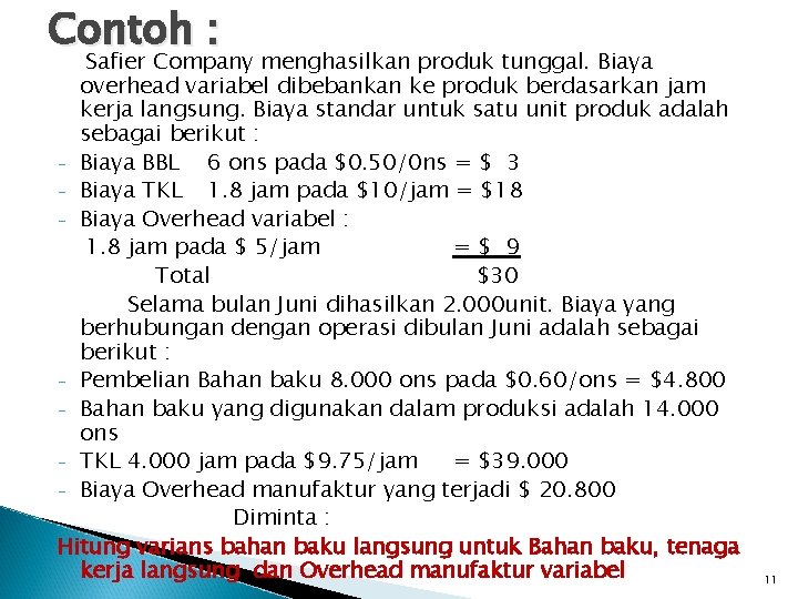 Contoh : Safier Company menghasilkan produk tunggal. Biaya overhead variabel dibebankan ke produk berdasarkan