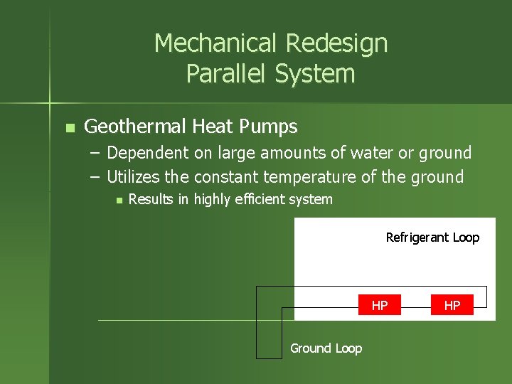 Mechanical Redesign Parallel System n Geothermal Heat Pumps – Dependent on large amounts of